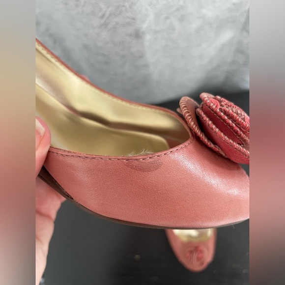 Etienne Aigner Coral Peep Toe Wedge Heels with Floral Accent | 8 - Picture 11 of 12